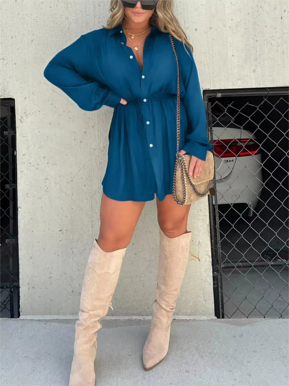 Chic & Trendy Lace-Up Waist Long Sleeve Jumpsuit for Women - Perfect for Spring & Summer Vibes!